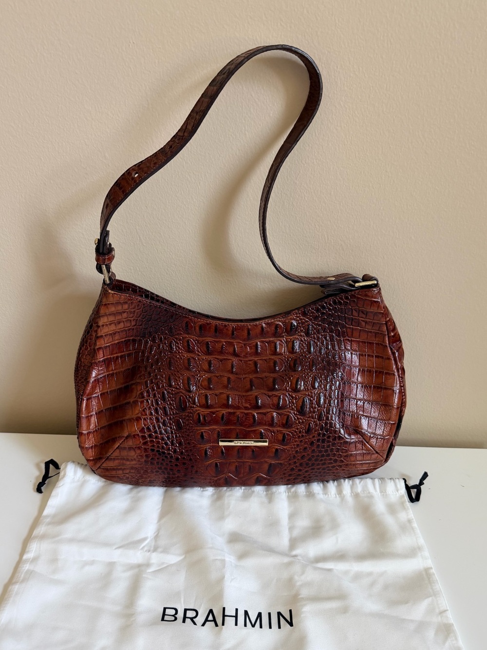 Brahmin Croc-Embossed Leather Shoulder Bag in Pecan